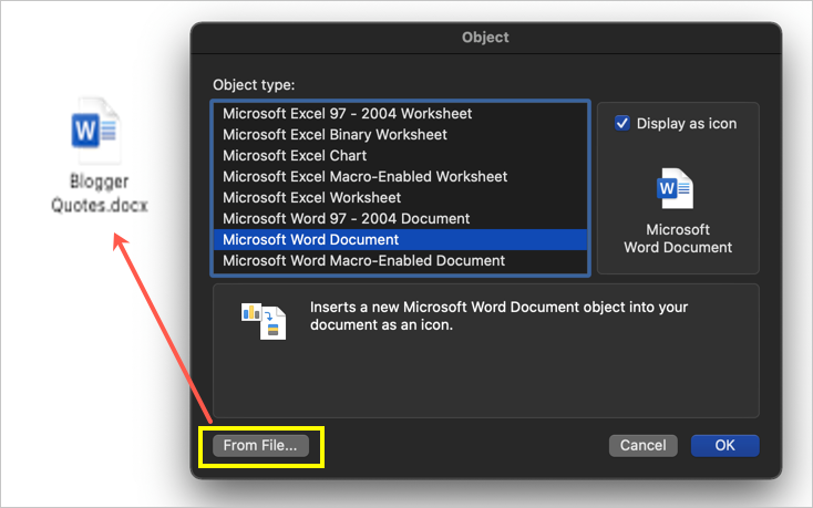 insert excel document into word for mac